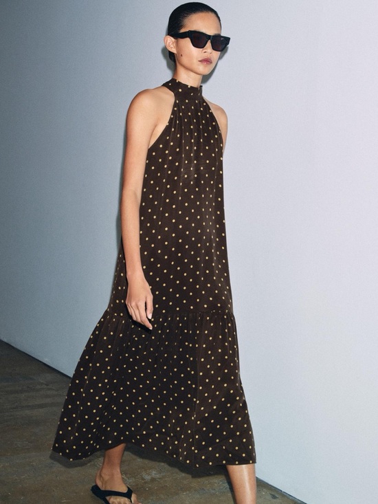 Zara Dresses & Skirts - Zara Brown Maxi Dress with Gold Polka Dots